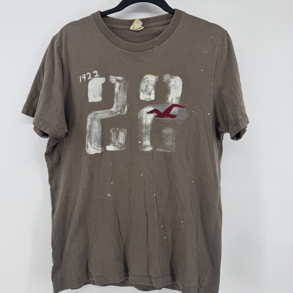 Vintage Hollister Brown Graphic Tee Distressed 22 Y2K Grunge Paint Splatter
